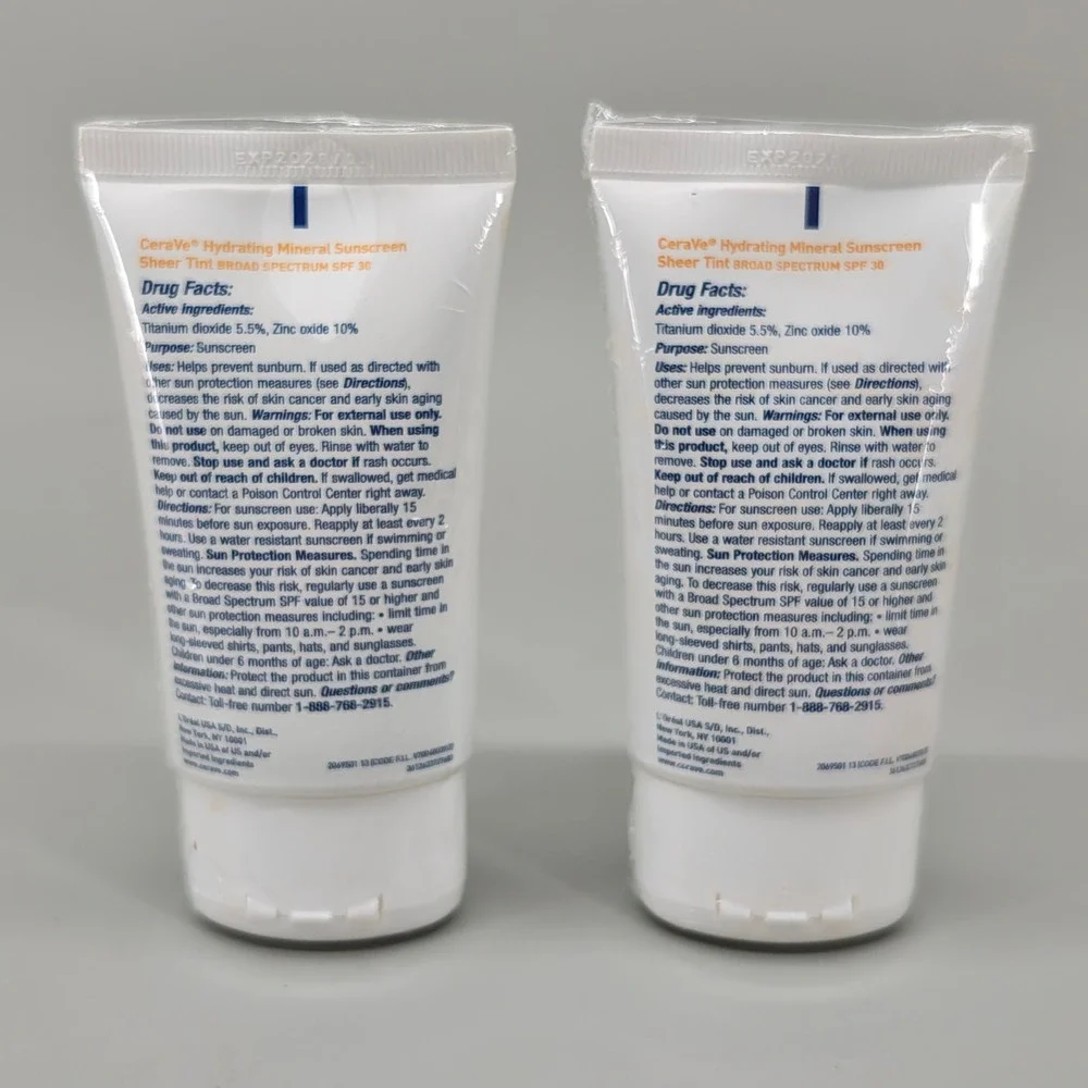 CeraVe Hydrating Mineral Sunscreen SPF 30 Medium Sheer Tint 2 Pack Exp 1/28